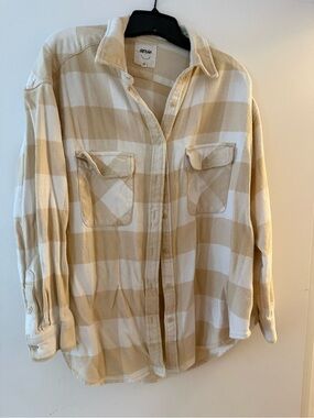 aerie Cream and White Plaid Shirt Jacket